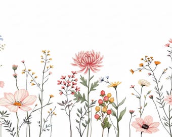 Wildflower Meadow Digital File, Floral Mug Design, Tumbler Design, Flower Clipart, Pink Yellow Flowers, Digital Download, 3 Files