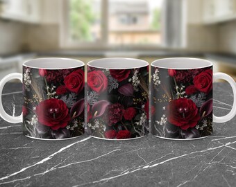 Dark Red Rose Floral Mug, Moody Gothic Botanical Design (Digital Download)