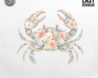 Floral Crab PNG: Watercolor Sea Life Art, Coastal Decor (Instant Download)