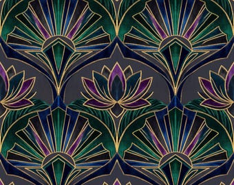 Art Deco Seamless Pattern, Gatsby Lotus Emerald Gold Geometric Design (Digital Download)