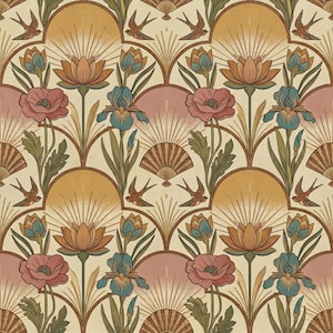 Könnte beinhalten: Ein sich wiederholendes Muster mit stilisierten Blumen, Fächern und Vögeln in Beige, Pfirsich und Gold. Das Design umfasst Lotusblumen, Iris und Fächerformen und erzeugt eine Vintage-Art-Deco-Ästhetik. Geeignet für Tapeten oder Stoffe.