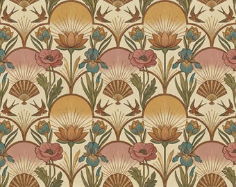 Art Deco Seamless Pattern, Vintage Lotus Iris Poppy Swallows Fan Repeating Background (4096x4096 File)