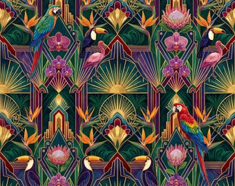 Art Deco Tropical Pattern | Gold Jungle Animals, Birds, Floral (Digital File)