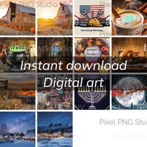 May include: A collage of digital art images featuring various themes, including a farm scene with pumpkins, a Thanksgiving wreath, a Hanukkah menorah, a Christmas scene with Santa Claus, and a winter landscape. The text "Instant download Digital art" is displayed in the center of the collage.