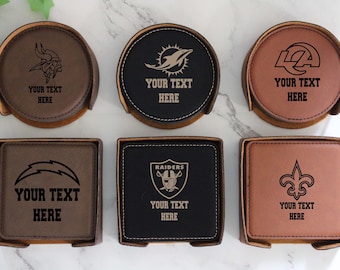 Custom NFL Teams Coaster Set, Personalized NFL Coaster, 6 Piece Coaster Set, Leatherette Coaster Set, Football Fans Gift, NFL Teams Coaster