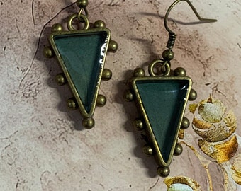 Dusty Green Resin Earrings, Bronze Hobnail Triangle Earrings