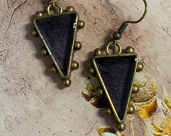 Dark Grey Resin Earrings, Bronze Hobnail Triangle Earrings