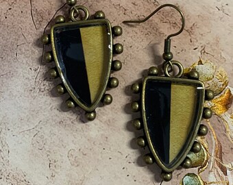 Black and Yellow Resin Earrings, Bronze Hobnail Shield Earrings