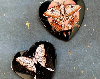 Heart Shaped Pinback Buttons, Moth Buttons, Entomology Gift, Pin Back Buttons, Watercolor Moth, Moth Artwork, Moth Art, Luna Moth Art