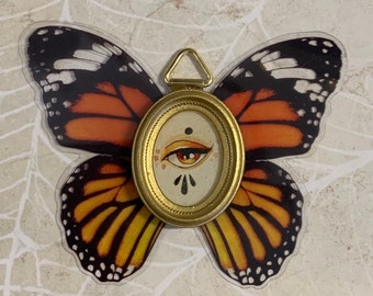 Flying Eye Art, Original Watercolor Painting in Resin, Miniature Gold Frame, Monarch Butterfly Art