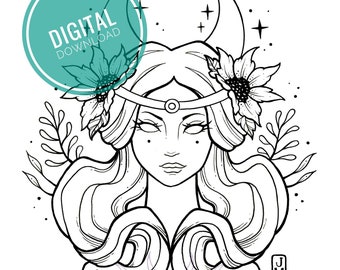 INSTANT DOWNLOAD - The Moon Coloring Page, Digital Download Art, Art Coloring Pages, Adult Coloring Pages Printable, Goddess Art