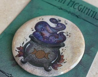 Pin Back Button 1.5”, Witch Cauldron, Spooky Art