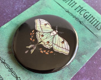 Pin Back Button 1.5”, Luna Moth, Nature Entomology Art