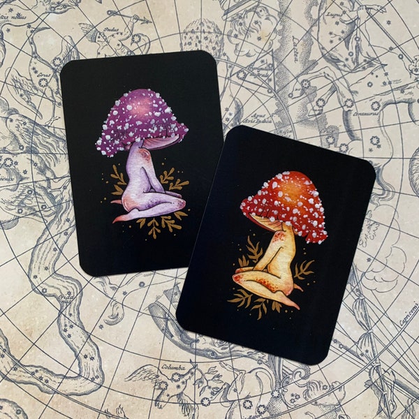 Shroom Girl Mini Print 2.5" x 3.5", Mushroom Art, Mini Art Print, Mushroom Girls, Red and Purple