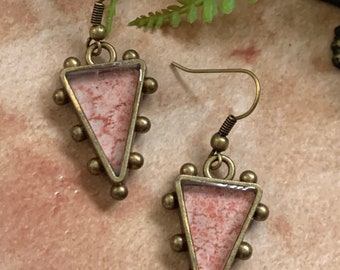 Pink Resin Earrings, Bronze Hobnail Triangle Earrings
