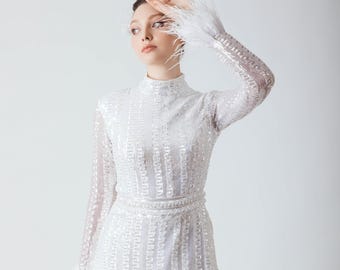 Handmade Sequin Mini Dress – Feather Cuff Long Sleeve Party Gown