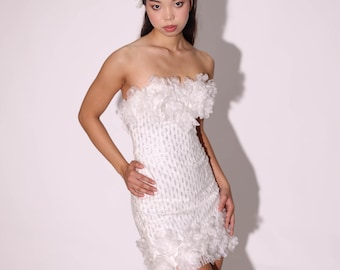 Sequin Floral Mini Wedding Dress – Bachelorette After Party Gown – 3D Organza Appliqué – Strapless Bodycon