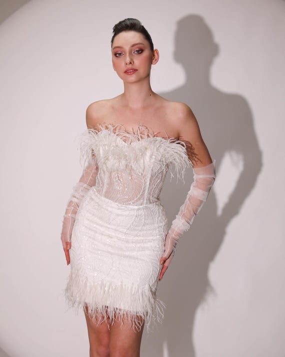 mini feather trim dress GOLDEN METALLIC FEATHER-TRIMMED MINI DRESS | CULT MIA