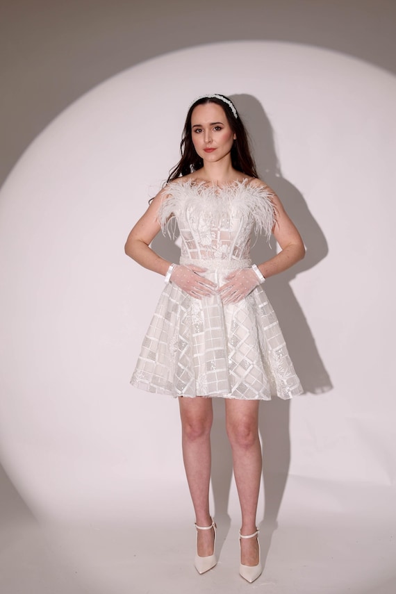 bachelorette sparkly dress Feather Neckline Sequin Mini - Geometric Bridal After Party Gown 10% Spandex Fabric:WOVEN Plunge Halterneck Open Back Size:S / 4-6