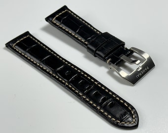 22mm Black Leather Watch Strap with Stainless Buckle Suitable for Panerai Watches