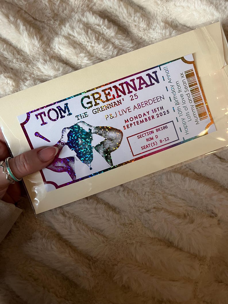May include: A colorful ticket for a Tom Grennan concert at P&J Live Aberdeen on September 15th, 2025. The ticket is for section BK106, row D, seats 8-12.