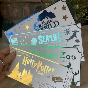 Personalisiertes Ereignisticket, personalisiertes Folienticket, benutzerdefinierter Gutschein, Überraschungsgeschenkticket, goldenes Ticket, Ticketgeschenk, Tageskarte