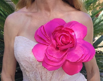 Large Flower Brooch, Pink Giant Flower, Corsage Brooch, Fabric Flower, Fuchsia Large Scale Flower Prom, Anniversary, Wedding