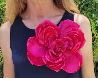 Large Flower Brooch, Giant Flower, Corsage Brooch, Hot Pink Fabric Flower, Large Scale Flower for Prom, Anniversary,  Wedding, Many Colors