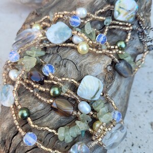 Freshwater Pearl Necklace: Moonstone, Green Garnet & Mother of Pearl Jewelry