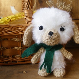 Baby Beige Puppy with Green Scarf Art Toy Amigurumi