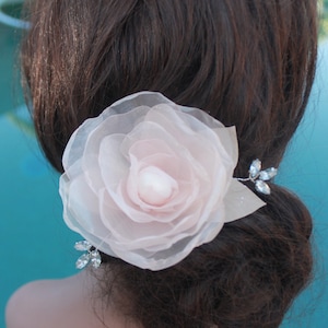 Blush Organza Rose Hair Clip: Handmade Crystal Wedding Fascinator