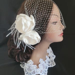 Birdcage Blusher Veil Flower Fascinators Set: Ostrich Feathers Wedding Headpiece