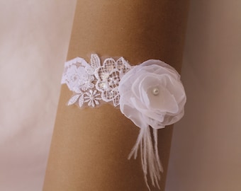 Wedding Bridal Garter Embroidered Lace Chiffon Flower with Ostrich Feathers, Tossing Garter, Stretch Garter