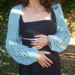 Long Sleeved Turquoise Bolero Shrug, Hand Knitted Blue Shrug, Women Present