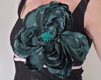 Large Flower Brooch, Giant Flower, Corsage Brooch, Dark Emerald Green Fabric Flower, Large Scale Flower for Prom, Wedding,  Many Colors