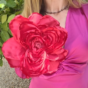 Large Red Satin Flower Brooch: Handmade Corsage, Prom Wedding Accessory