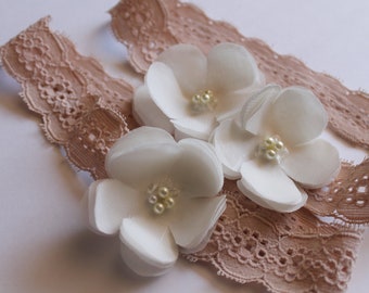 Bridal Garter Set Tossing Garter with Chiffon Flowers, Pearls, Crystals