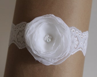 Bridal  Lace Garter, Lace Stretch Garter, White Tossing Garter , White Chiffon Flower Garter, Wedding Accessories