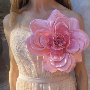 Large Pink Satin Flower Brooch: Handmade Corsage, Wedding Accessory