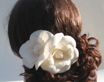 Camellia Bridal Hair Piece,  Gardenia Pin, Two Flower Fascinators, Silk Dupioni, Bridal Ivory Flower Piece, Wedding Hair Clip