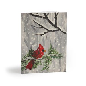 Wenskaartenset winter kardinaal - handgeschilderd ontwerp met rode kardinaalvogel - kerstkaarten