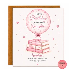 Tarjeta de cumpleaños personalizada para hija, tarjeta de cumpleaños personalizada para amante de los libros con nombre, tarjeta rosa con globo para ratona de biblioteca, tarjeta especial para nieta.