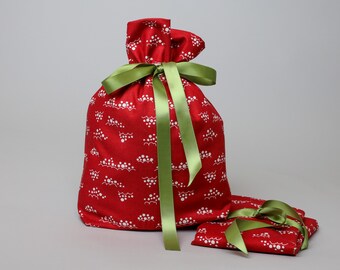Reusable Fabric Gift Bag - Red Snowballs