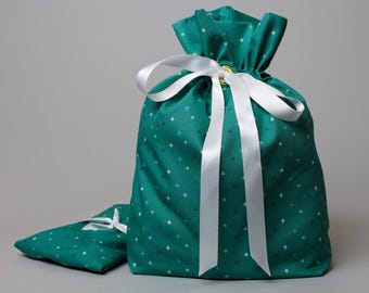 Reusable Fabric Gift Bag - Dark Green Stars