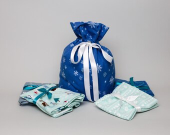 Reusable Fabric Gift Bag - Navy Snowflakes