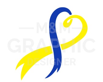 May include: A blue and yellow ribbon in the shape of a heart. The ribbon is a symbol of awareness and support. The text "M&M Graphic Designer" is printed in light gray.