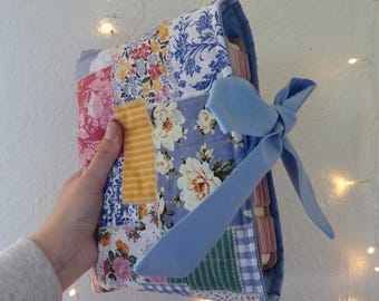 Handmade Quilted Bible Sleeve: Floral Patchwork Cover with Blue Bow