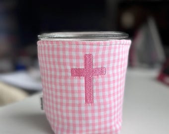Pink Gingham Cross Embroidered Weck Jar Sleeve | Christian Coffee Cozy