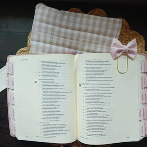 May include: An open book with pink page markers, a pale pink bow, and a gold paper clip. A beige and white checked fabric is behind the book. A white ribbon is on the left side of the book.