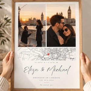 May include: A framed vertical print featuring two photographs of a couple in London, a black and white street map with a red heart icon, the names Eliza & Michael, the text ENGAGED IN LONDON, the date 12 08 2025, and the phrase the easiest yes.